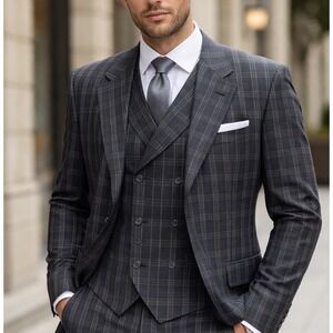 Falcone Plaid Suit Jacket Mens Charcoal Grey Super‎ 100s Wool 3-Button Blazer L